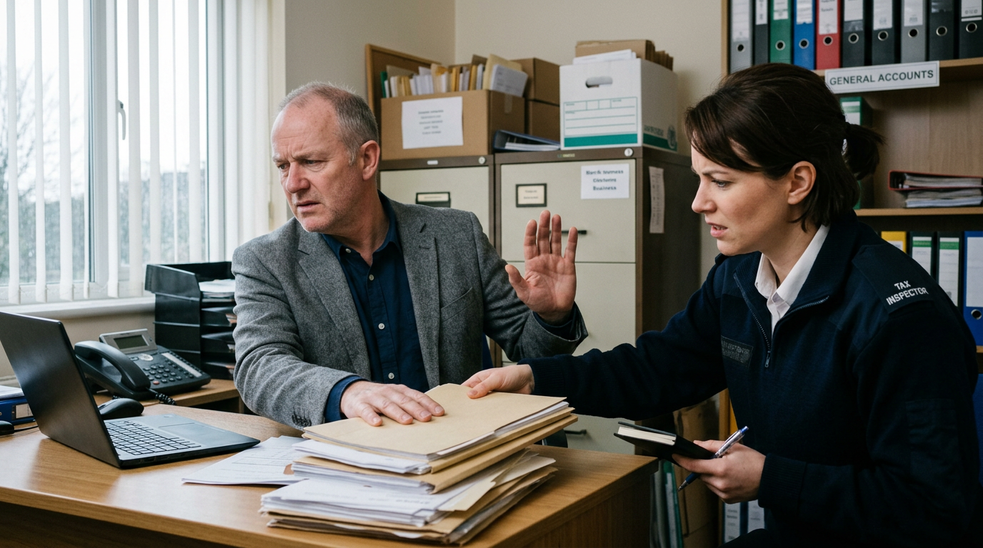 Man refusing to cooperate with female tax inspector at office desk