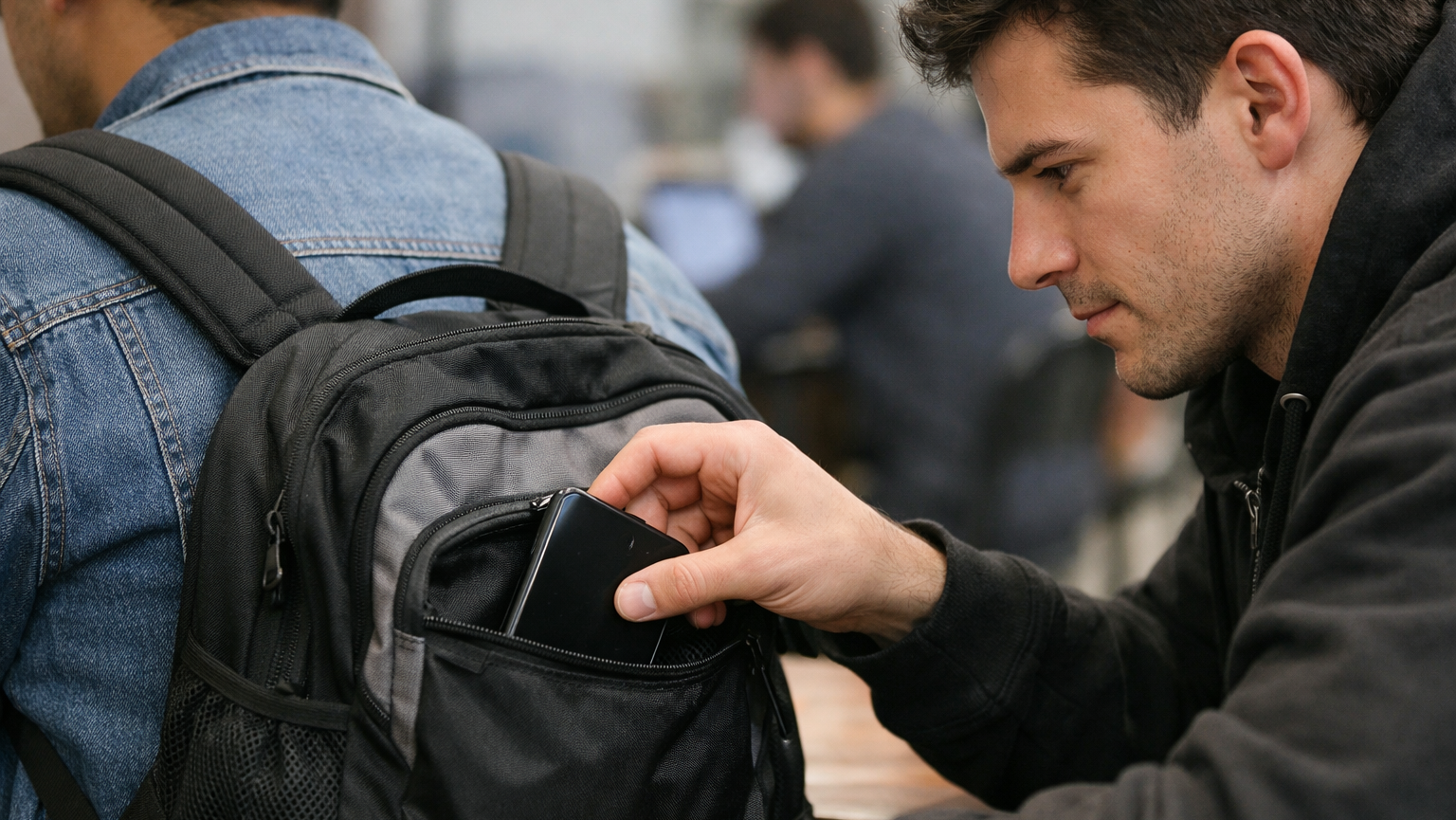 Man stealthily removing phone from backpack pocket of another person