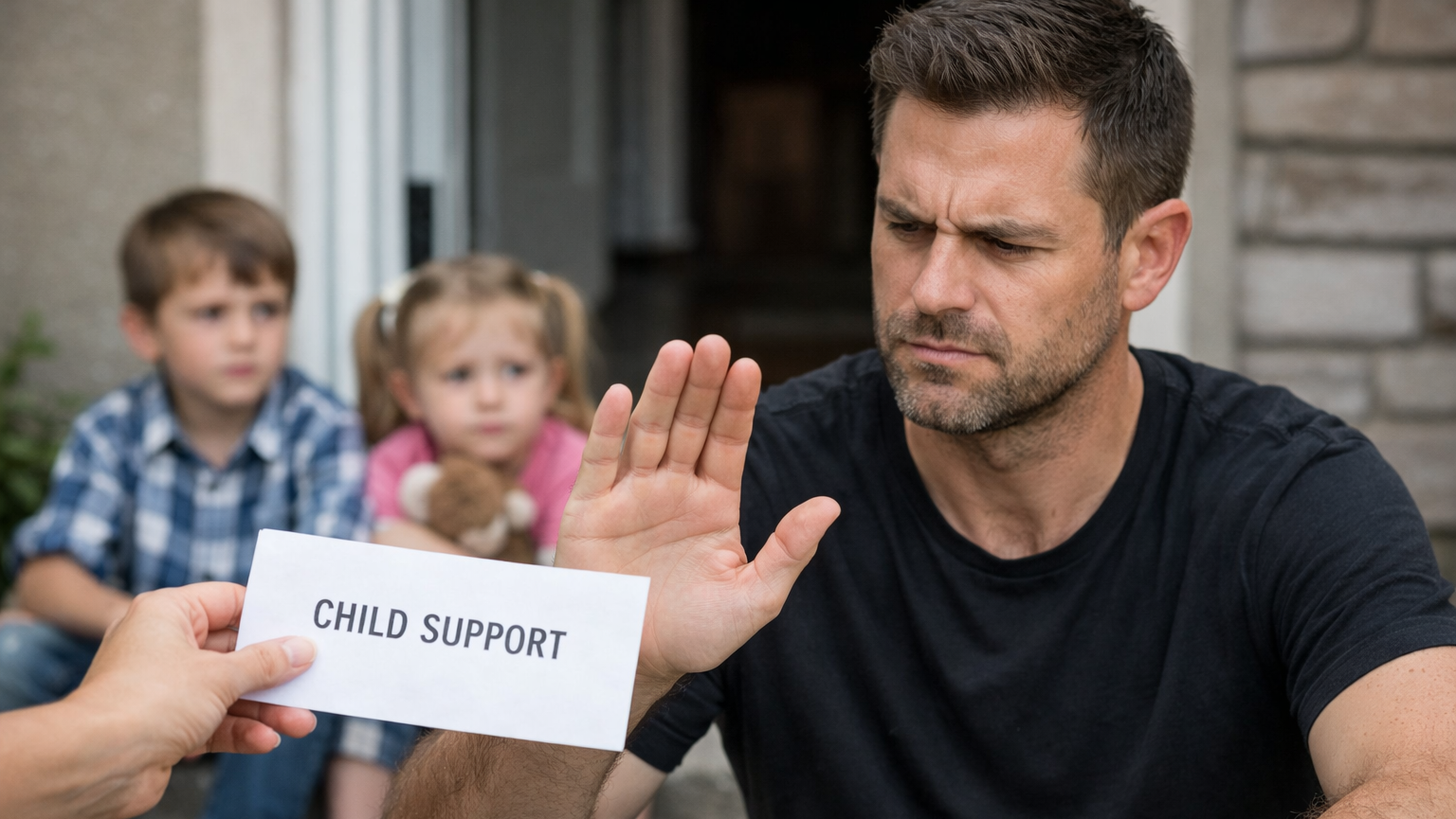Man raising hand to refuse an envelope labeled child support with two children in background