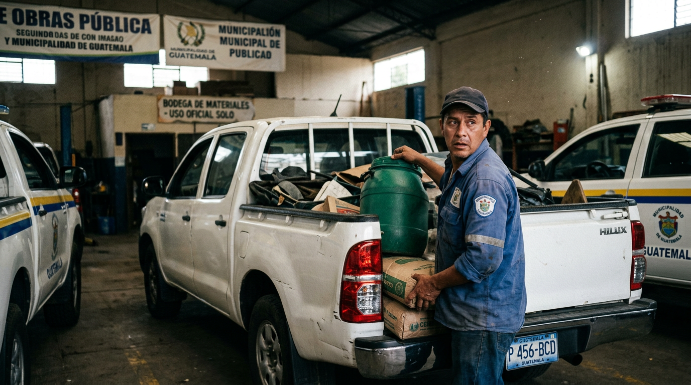 Municipal worker placing supplies into bed of white pickup truck in garage