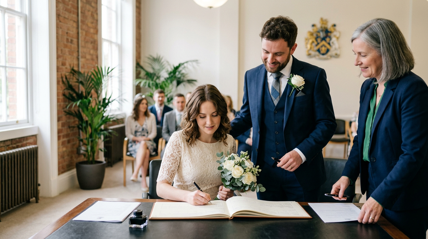 Bride signing wedding register with groom and officiant smiling nearby